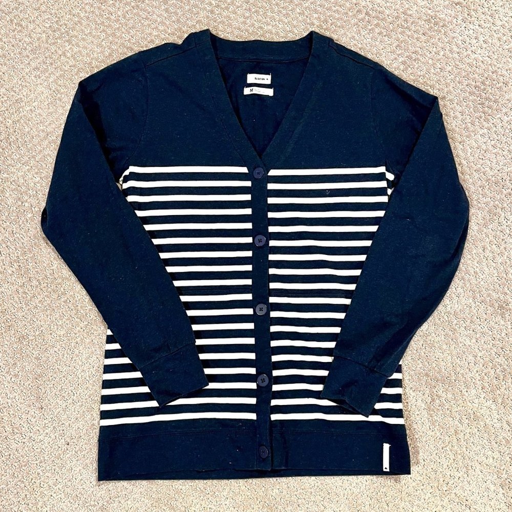 Burton Womens Striped Navy Blue V-Neck Cardigan size Medium